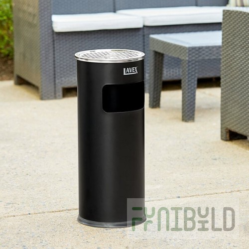 Lavex 3 Gallon Black Steel Round Freestanding Cigarette Receptacle with Front Access Trash Can