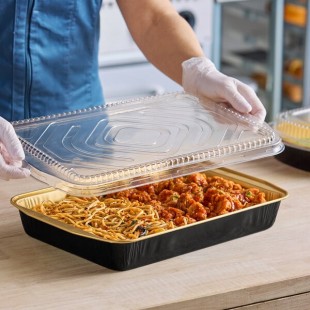 Durable Packaging 9664-PT-25 Smoothwall Black Diamond and Gold Extra Large Foil Entree / Take-Out Pan with Dome Lid 108 oz. - 25/Case Durable Packaging 9664-PT-25 Smoothwall Black Diamond and Gold Extra Large Foil Entree / Take-Out Pan with Dome Lid 108 oz. - 25/Case