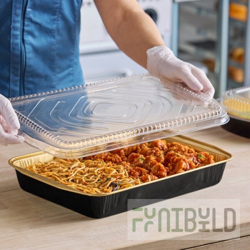 Durable Packaging 9664-PT-25 Smoothwall Black Diamond and Gold Extra Large Foil Entree / Take-Out Pan with Dome Lid 108 oz. - 25/Case