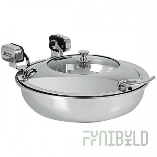 Spring USA Sauteuse Vision 4 Qt. Round Stainless Steel Induction Chafer with Chrome Accents and Glass Lid 2472-6-36