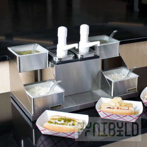 San Jamar P9724 Dual Pump Condiment System with 4-Compartment Two Tier Stainless Steel Condiment Holder
