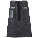 Mercer Culinary M63204BKD Metro Edge Wyatt Black Cotton Denim Bistro Apron with Black Leather Details, Towel Holder, and 3 Pockets - 25 1/2 Mercer Culinary M63204BKD Metro Edge Wyatt Black Cotton Denim Bistro Apron with Black Leather Details, Towel Holder, and 3 Pockets - 25 1/2