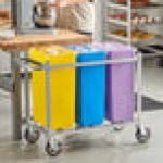 Baker's Lane 30 Gallon / 480 Cup Mobile Triple Ingredient Bin - Yellow / Blue / Purple Baker's Lane 30 Gallon / 480 Cup Mobile Triple Ingredient Bin - Yellow / Blue / Purple