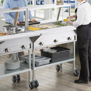 ServIt Three Pan Open Well Electric Steam Table with Angled Sneeze Guard, Fixed Tray Slide, and Casters - 120V, 1500W