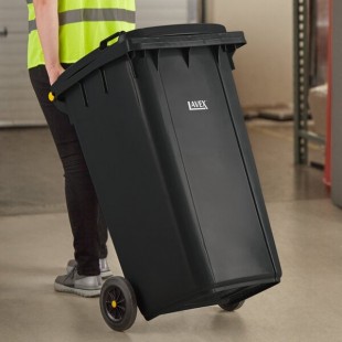 Lavex 50 Gallon Black Wheeled Rectangular Trash Can with Lid Lavex 50 Gallon Black Wheeled Rectangular Trash Can with Lid
