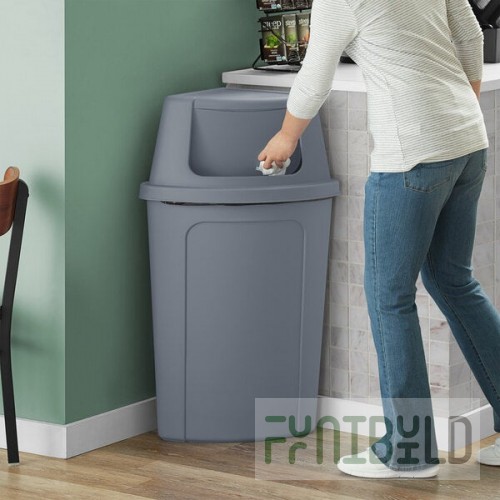 Lavex 21 Gallon Gray Corner Round Trash Can with Gray Push Door Lid