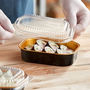 Durable Packaging 9220-PT-100 Smoothwall Black Diamond and Gold Mini Foil Entree / Take-Out Pan with Dome Lid 16 oz. - 100/Case Durable Packaging 9220-PT-100 Smoothwall Black Diamond and Gold Mini Foil Entree / Take-Out Pan with Dome Lid 16 oz. - 100/Case