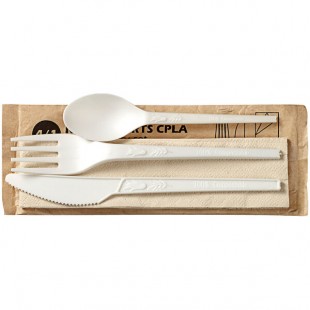 Solia Wrapped White CPLA Cutlery Set - 250/Case Solia Wrapped White CPLA Cutlery Set - 250/Case