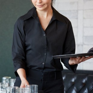 Henry Segal Women's Customizable Black 3/4 Sleeve V-Neck Button-Down Dress Shirt - M