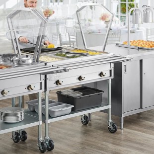 ServIt Three Pan Open Well Electric Steam Table with 2-Sided Sneeze Guard, (2) Tubular Tray Slides, and Casters - 120V, 1500W ServIt Three Pan Open Well Electric Steam Table with 2-Sided Sneeze Guard, (2) Tubular Tray Slides, and Casters - 120V, 1500W