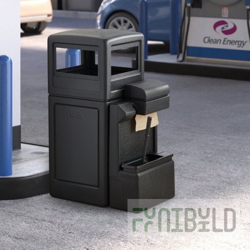 Lavex 42 Gallon Black Dome Top Trash Can with Paper Towel Dispenser, Squeegee, and Windshield Wash Station