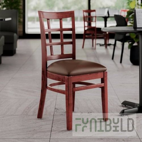 Lancaster Table & Seating Mahogany Finish Wood Window Back Chair with Dark Brown Vinyl Seat - Assembled