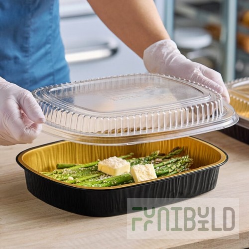 Durable Packaging 9553-PT-50 Smoothwall Black and Gold Black Diamond Large Foil Entree / Take-Out Pan with Dome Lid 65.6 oz. - 50/Case