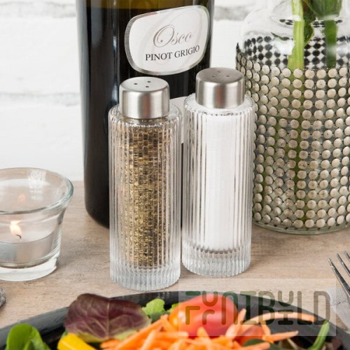 American Metalcraft GSPR Vintage Collection 2 oz. Ribbed Round Glass Salt and Pepper Shaker Set - 12/Case