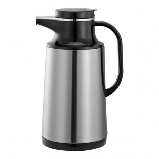 Service Ideas Coffee-At-A-Touch 33.8 oz. Stainless Steel Insulated Coffee Carafe / Server with Black Push-Button Lid HPS101