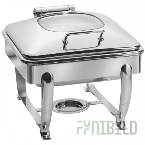 Eastern Tabletop 3914G/S 6 Qt. Stainless Steel Square Induction / Traditional Chafer with Stand and Hinged Glass Dome Cover