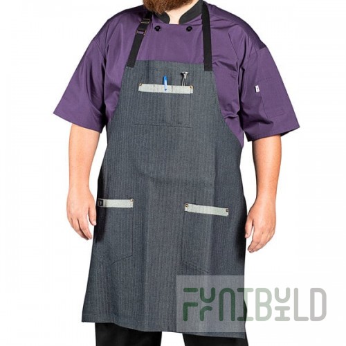 Uncommon Chef 3114 Zig Zag Denim Customizable 100% Cotton Renegade Bib Apron with Black Webbing and 3 Pockets - 34