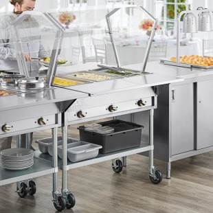 ServIt Three Pan Open Well Electric Steam Table with 2-Sided Sneeze Guard, (2) Fixed Tray Slides, and Casters - 120V, 1500W ServIt Three Pan Open Well Electric Steam Table with 2-Sided Sneeze Guard, (2) Fixed Tray Slides, and Casters - 120V, 1500W