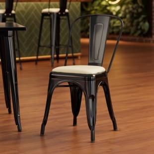 Lancaster Table & Seating Alloy Onyx Black Indoor Cafe Chair with White Vinyl Cushion Lancaster Table & Seating Alloy Onyx Black Indoor Cafe Chair with White Vinyl Cushion