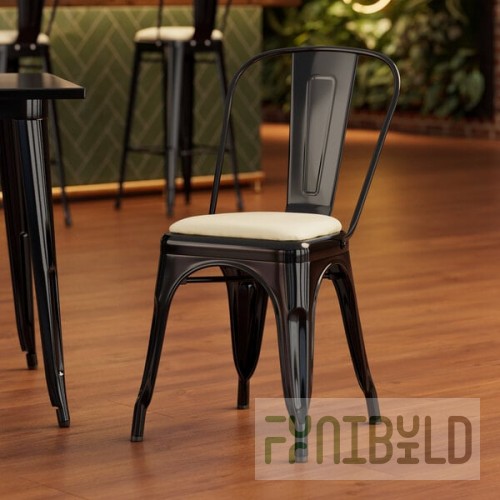 Lancaster Table & Seating Alloy Onyx Black Indoor Cafe Chair with White Vinyl Cushion