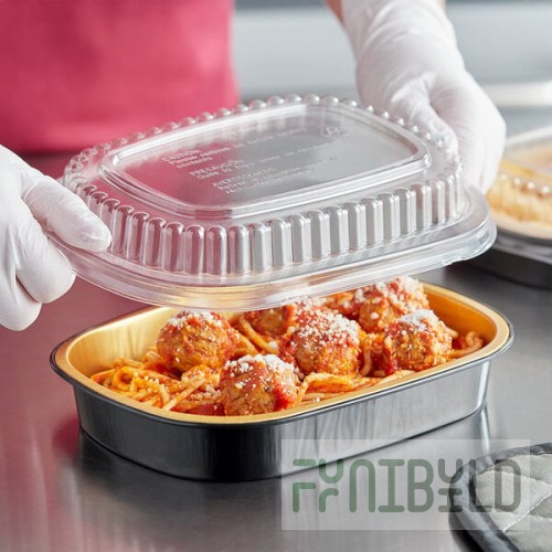Durable Packaging 9331-PT-100 Smoothwall Black and Gold Black Diamond Small Foil Entree / Take-Out Pan with Dome Lid 23.3 oz. - 100/Case