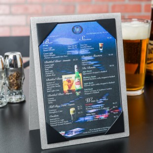 Menu Solutions MTDBL-57 Alumitique Two View Brushed Aluminum Menu Tent with Picture Corners - 5 Menu Solutions MTDBL-57 Alumitique Two View Brushed Aluminum Menu Tent with Picture Corners - 5