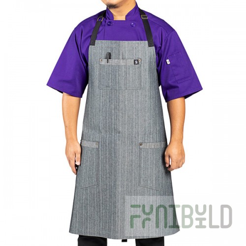 Uncommon Chef 3114 Triple Denim Customizable 100% Cotton Renegade Bib Apron with Black Webbing and 3 Pockets - 34