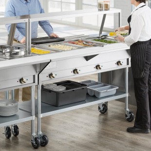 ServIt Four Pan Open Well Electric Steam Table with Angled Sneeze Guard, Tubular Tray Slide, and Casters - 208/240V, 2000W ServIt Four Pan Open Well Electric Steam Table with Angled Sneeze Guard, Tubular Tray Slide, and Casters - 208/240V, 2000W