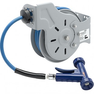 T&S B-7212-11 15' Open Epoxy Coated Steel Hose Reel with MV-3516-24 Aluminum Rear Trigger Water Gun