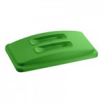 Lavex 69 Gallon 3-Stream Slim Rectangular Mobile Trash / Recycle / Compost Station with Black Drop Shot Lid, Green Flat Lid, and Blue Can / Bottle Lid Lavex 69 Gallon 3-Stream Slim Rectangular Mobile Trash / Recycle / Compost Station with Black Drop Shot Lid, Green Flat Lid, and Blue Can / Bottle Lid