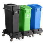 Lavex 69 Gallon 3-Stream Slim Rectangular Mobile Trash / Recycle / Compost Station with Black Drop Shot Lid, Green Flat Lid, and Blue Can / Bottle Lid Lavex 69 Gallon 3-Stream Slim Rectangular Mobile Trash / Recycle / Compost Station with Black Drop Shot Lid, Green Flat Lid, and Blue Can / Bottle Lid