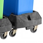 Lavex 69 Gallon 3-Stream Slim Rectangular Mobile Trash / Recycle / Compost Station with Black Drop Shot Lid, Green Flat Lid, and Blue Can / Bottle Lid Lavex 69 Gallon 3-Stream Slim Rectangular Mobile Trash / Recycle / Compost Station with Black Drop Shot Lid, Green Flat Lid, and Blue Can / Bottle Lid
