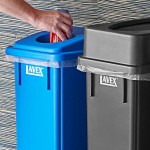 Lavex 69 Gallon 3-Stream Slim Rectangular Mobile Trash / Recycle / Compost Station with Black Drop Shot Lid, Green Flat Lid, and Blue Can / Bottle Lid Lavex 69 Gallon 3-Stream Slim Rectangular Mobile Trash / Recycle / Compost Station with Black Drop Shot Lid, Green Flat Lid, and Blue Can / Bottle Lid