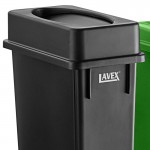 Lavex 69 Gallon 3-Stream Slim Rectangular Mobile Trash / Recycle / Compost Station with Black Drop Shot Lid, Green Flat Lid, and Blue Can / Bottle Lid Lavex 69 Gallon 3-Stream Slim Rectangular Mobile Trash / Recycle / Compost Station with Black Drop Shot Lid, Green Flat Lid, and Blue Can / Bottle Lid