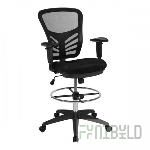 Flash Furniture Tyler Black Mesh Mid-Back Drafting Chair with Adjustable Foot Ring and Black Frame