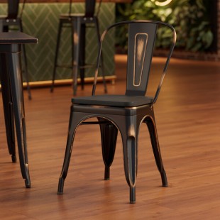 Lancaster Table & Seating Alloy Distressed Copper Indoor Cafe Chair with Black Wood Seat Lancaster Table & Seating Alloy Distressed Copper Indoor Cafe Chair with Black Wood Seat