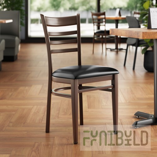 Lancaster Table & Seating Spartan Metal Ladder Back Chair with Dark Walnut Wood Grain Finish and Black Vinyl Seat - Assembled
