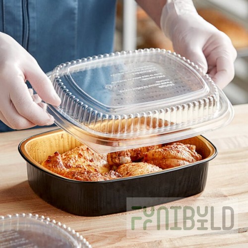 Durable Packaging 944-PT-50 Smoothwall Black and Gold Black Diamond Medium Foil Entree / Take-Out Pan with Dome Lid 47.4 oz. - 50/Case