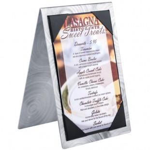 Menu Solutions MTDBL-411 Alumitique Two View Swirl Aluminum Menu Tent with Picture Corners - 4 1/4 Menu Solutions MTDBL-411 Alumitique Two View Swirl Aluminum Menu Tent with Picture Corners - 4 1/4