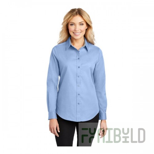 Port Authority L608 Women's Customizable Light Blue / Light Stone Long Sleeve Wrinkle-Resistant Easy-Care Dress Shirt - 2X