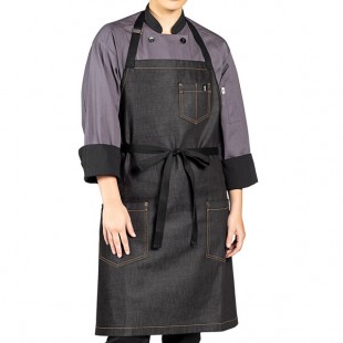 Uncommon Chef 3113 Black Cat Customizable 100% Cotton Denim Maverick Bib Apron with Black Webbing and 3 Pockets - 34
