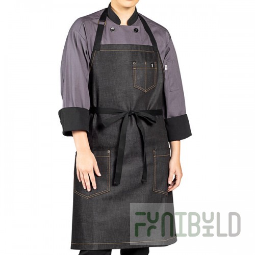 Uncommon Chef 3113 Black Cat Customizable 100% Cotton Denim Maverick Bib Apron with Black Webbing and 3 Pockets - 34