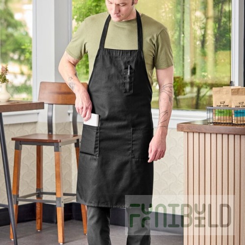 Uncommon Chef 3004 Black Customizable Poly-Cotton Twill Bib Apron with 3 Pockets - 34