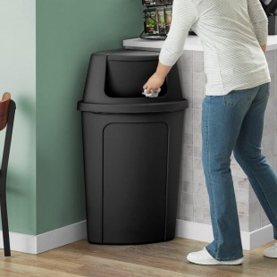 Lavex 21 Gallon Black Corner Round Trash Can with Black Push Door Lid