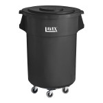 Lavex 55 Gallon Black Round Commercial Trash Can with Lid and Dolly