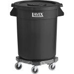 Lavex 55 Gallon Black Round Commercial Trash Can with Lid and Dolly