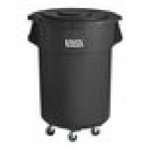 Lavex 55 Gallon Black Round Commercial Trash Can with Lid and Dolly