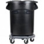 Lavex 55 Gallon Black Round Commercial Trash Can with Lid and Dolly