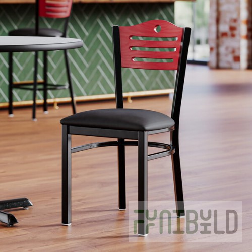 Lancaster Table & Seating Black Finish Side Chair with Black Vinyl Seat and Mahogany Wood Back - Detached Seat