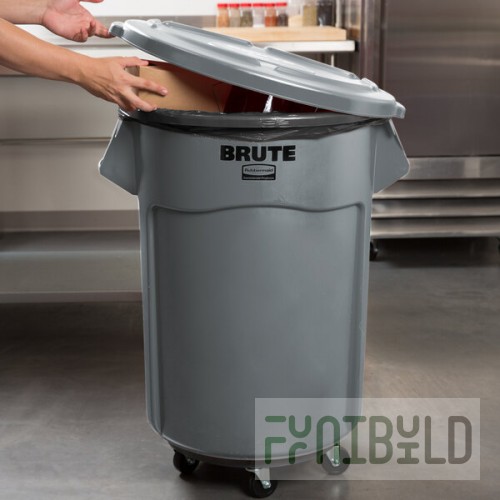 Rubbermaid® BRUTE 55 Gallon Gray Round Trash Can, Lid, and Dolly Kit